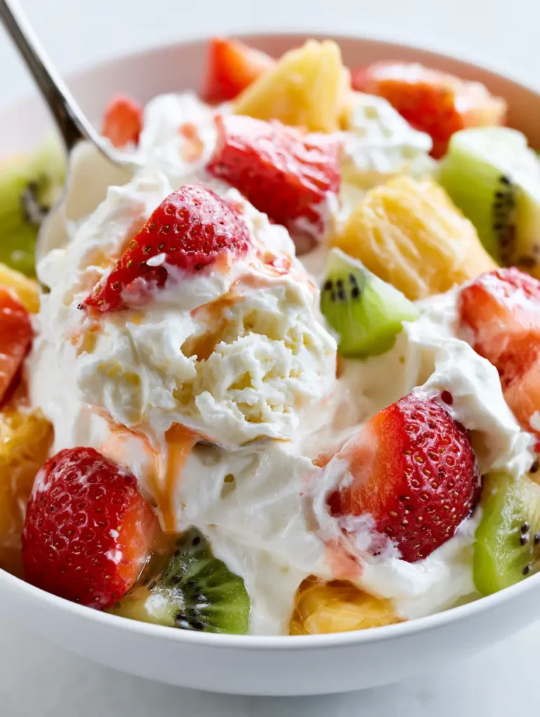 Extreme macro close-up of Hawaiian Cheesecake Salad showing velvety cream, red strawberries, and golden pineapple.