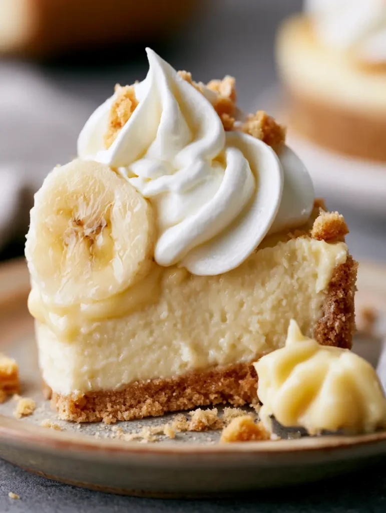 Extreme macro close-up of a scooped portion of No-Bake Banana Pudding Cheesecake on a ceramic plate.