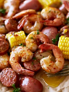Close-up of a Shrimp Boil Recipe with jumbo shrimp, spicy andouille sausage, and yellow corn on parchment paper. (Shrimp Boil Recipe)
