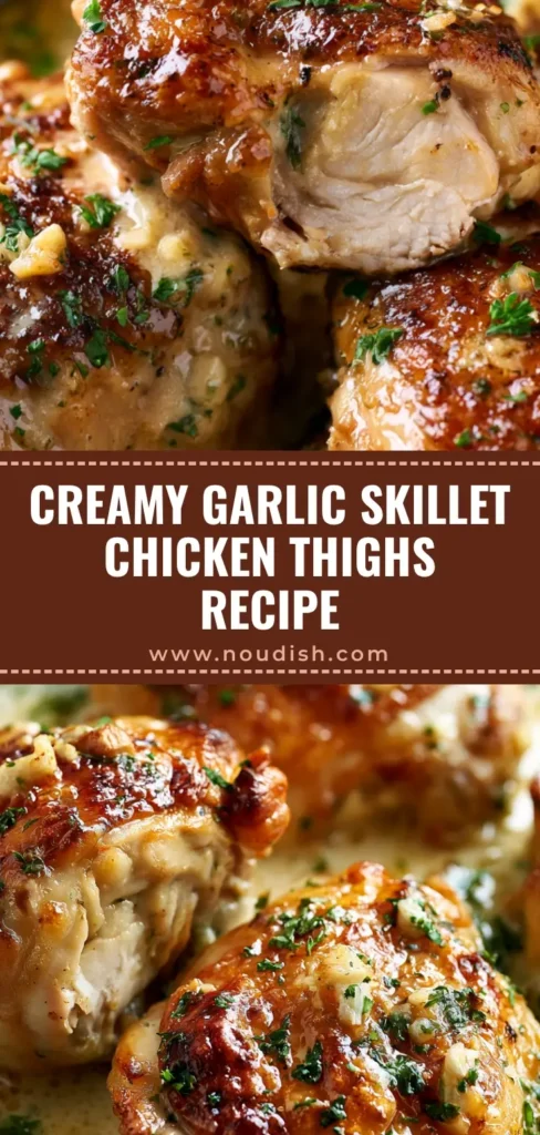 Vertical shot of Creamy Garlic Chicken Thighs with blistered golden skin and bubbly cream sauce in a skillet.