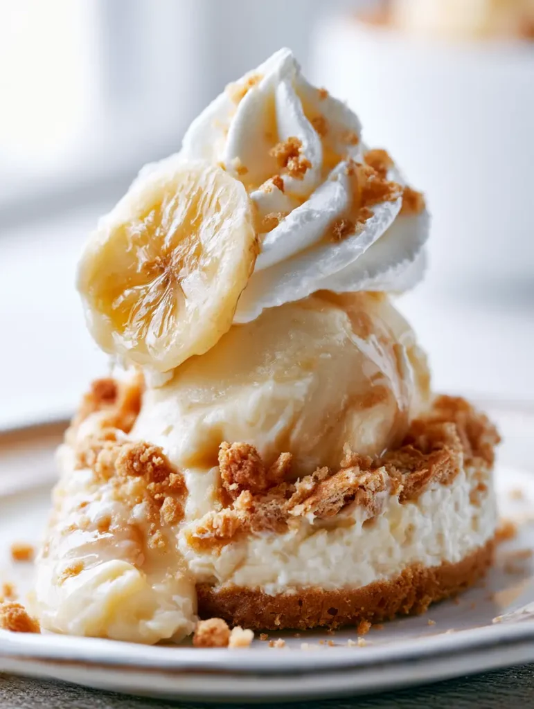 Macro shot of a No-Bake Banana Pudding Cheesecake showing the moist crumbly Nilla wafer crust and a fresh banana slice.