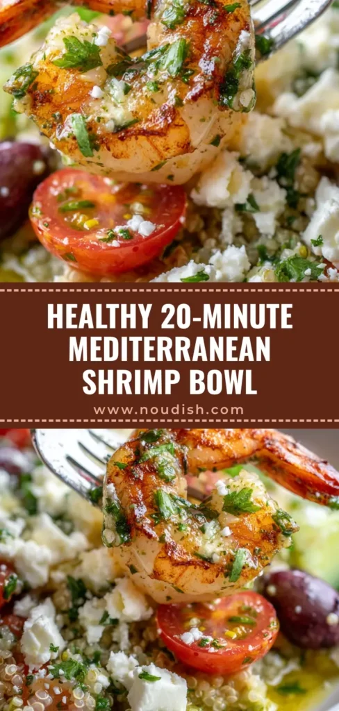 A close-up shot of a Mediterranean Shrimp Bowl featuring seared pink shrimp, white feta crumbles, and fresh vegetables over quinoa.