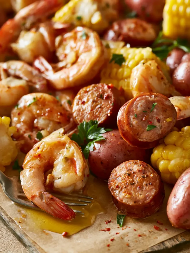 Shrimp Boil Recipe: The Ultimate Lowcountry Feast with Garlic Butter 1 Macro shot of a shrimp on a fork being dipped into melted butter from a Shrimp Boil Recipe platter.