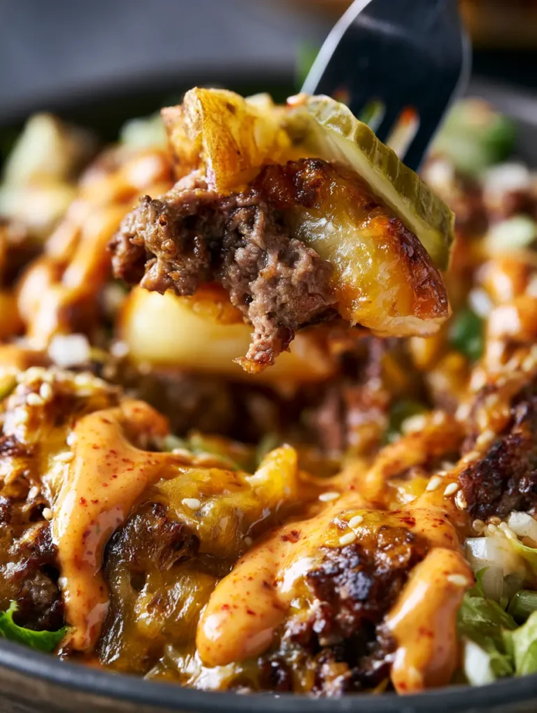 Smash Burger Bowl Recipe: The Ultimate Loaded Burger Bowl 1 Detailed shot of blistered and bubbling browned cheddar cheese over a smashed burger patty in a bowl.