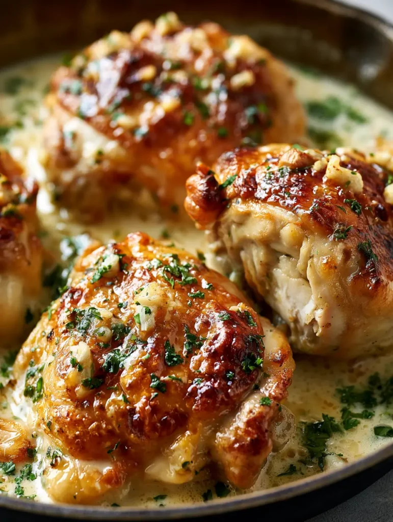 Beautifully messy styling of bone-in chicken thighs in a skillet with scattered parsley and minced garlic.