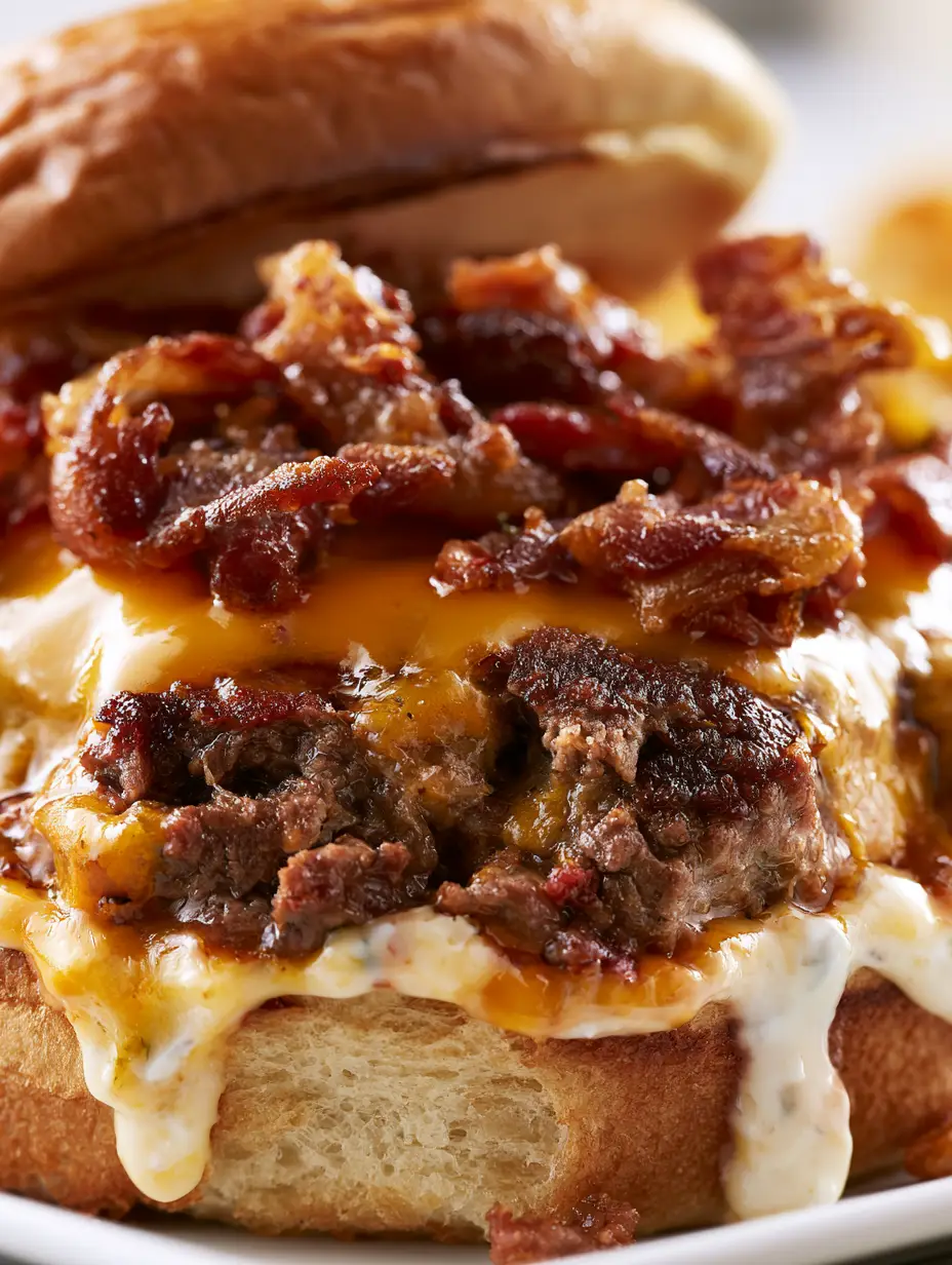 Close-up of a juicy beef patty with a glossy oily sheen and crinkled smoky bacon. (Bacon Ranch Crack Burgers)