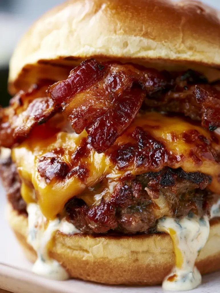 A mouth-watering shot of bubbling browned cheddar cheese pulling away from a thick burger patty. (Bacon Ranch Crack Burgers)