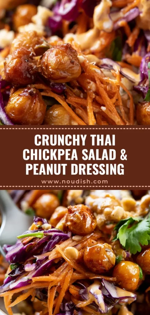 A vertical Pinterest pin featuring a vibrant Thai Chickpea Salad with glossy roasted chickpeas, purple cabbage, and creamy peanut dressing drips.