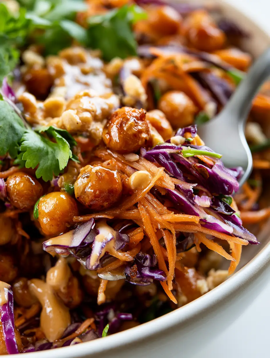 Extreme macro close-up of Thai Chickpea Salad showcasing roasted chickpeas with an oily sheen and shredded carrots.