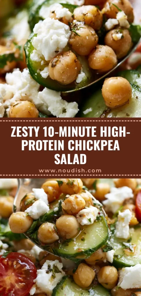 A mouth-watering scoop of High-Protein Chickpea Salad on a silver spoon, showcasing pulpy tomatoes and creamy feta.