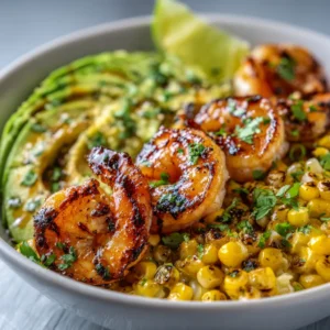 Extreme macro photography of a Grilled Shrimp Bowl showing a glossy shrimp with char marks and creamy avocado.