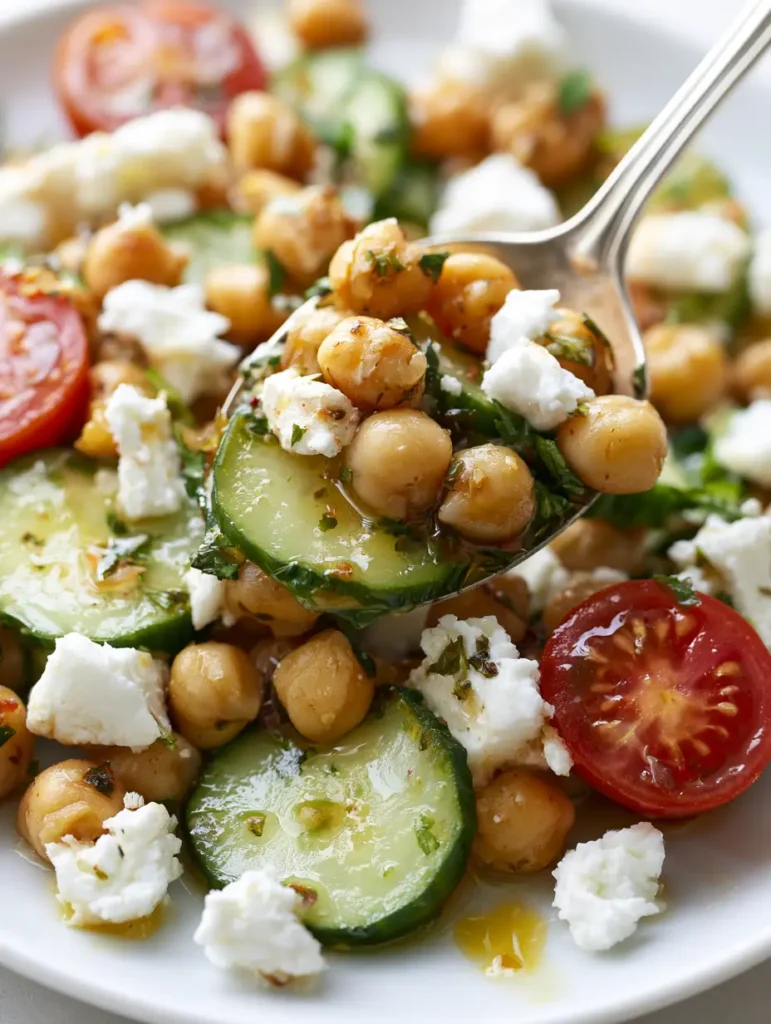 Extreme macro close-up of High-Protein Chickpea Salad with an oily sheen on the chickpeas and moist cucumber slices.