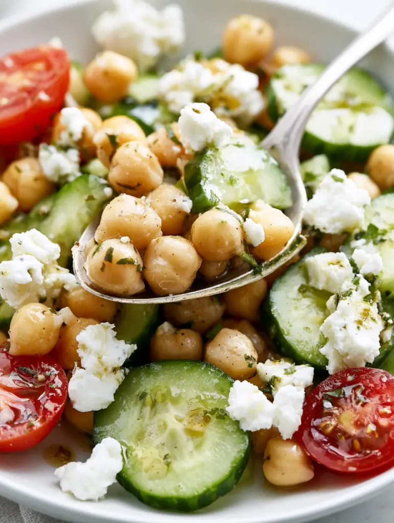 Detailed shot of crumbled feta cheese with irregular creamy edges and pulpy cherry tomatoes in a High-Protein Chickpea Salad.