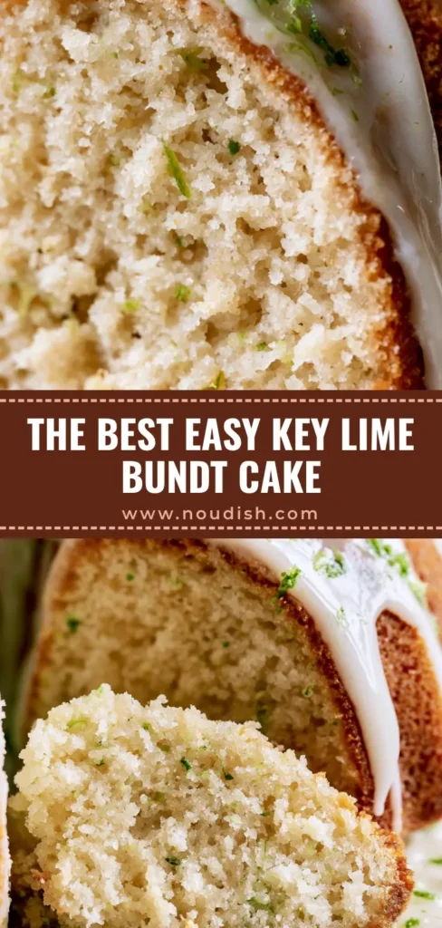 A tall, beautiful Key Lime Bundt Cake with thick white lime glaze dripping down the sides and fresh zest on top.