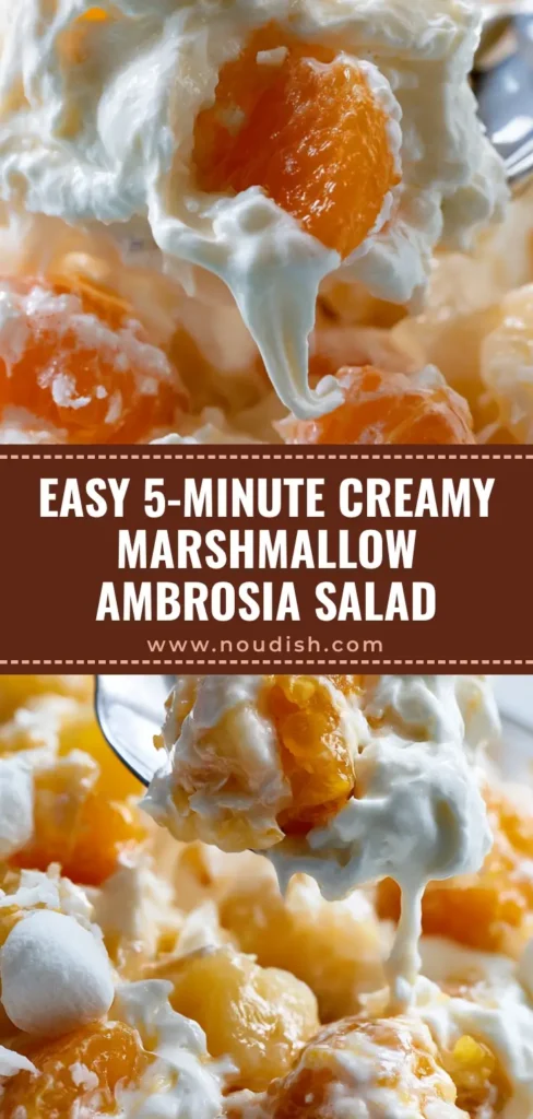 A tall, vertical shot of Marshmallow Ambrosia Fruit Salad featuring fluffy whipped cream, orange segments, and mini marshmallows, perfect for Pinterest.