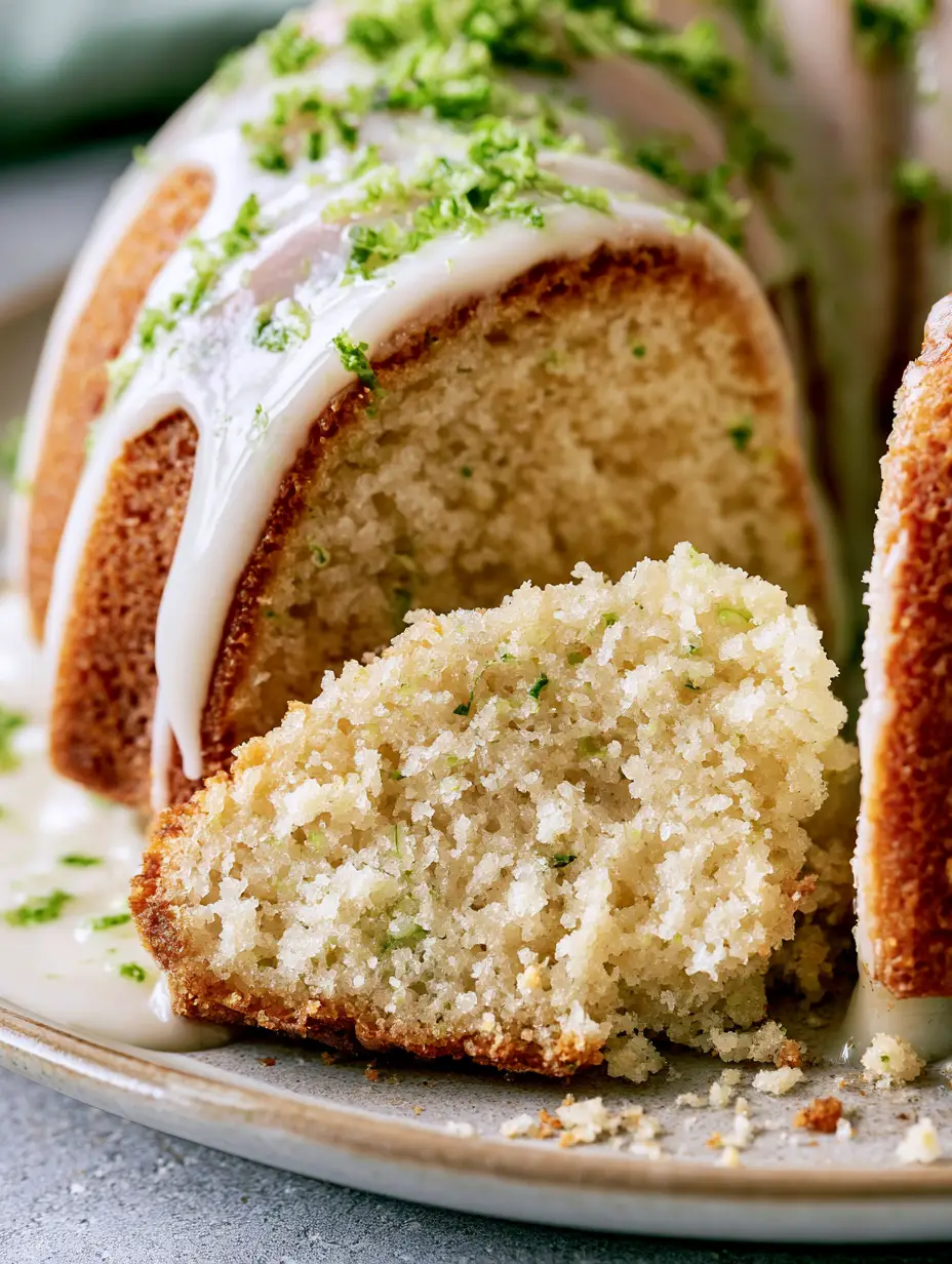 Macro close-up of a Key Lime Bundt Cake slice showing the porous, soft crumb and glossy lime glaze.