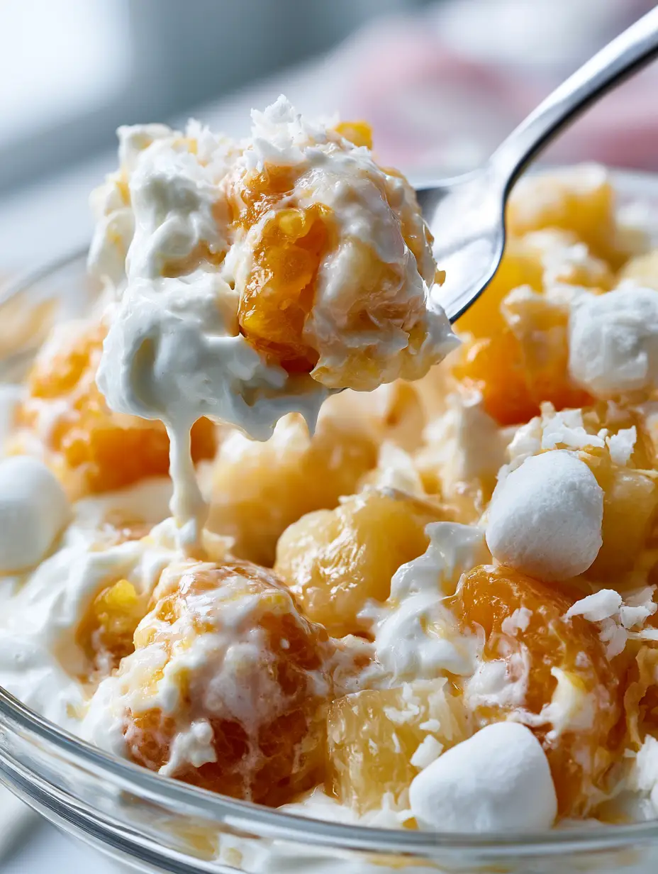 Extreme macro close-up of a scooped portion of creamy Marshmallow Ambrosia Fruit Salad showing glossy cream and mandarin segments.