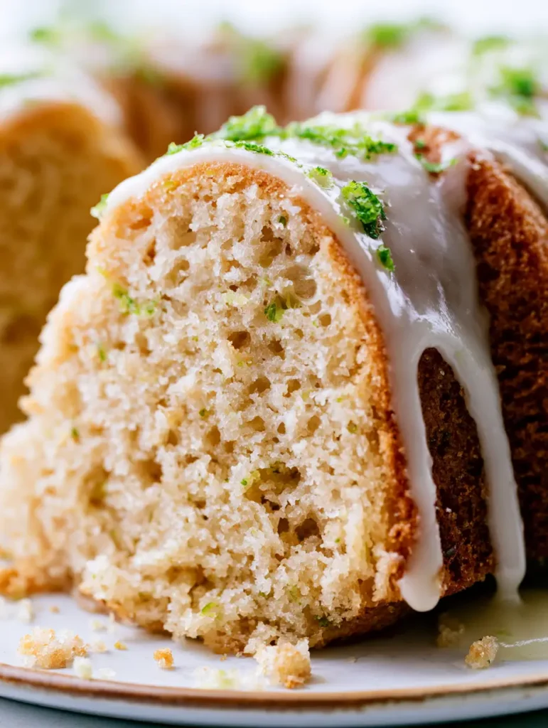 Side view of a Key Lime Bundt Cake slice with irregular glaze drips and vibrant green zest specks.