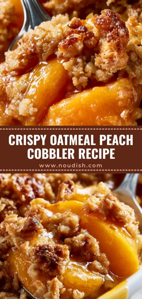 A close-up vertical shot of a scoop of Peach Cobbler with Oatmeal Crumble, featuring juicy orange peaches and golden oat clusters.