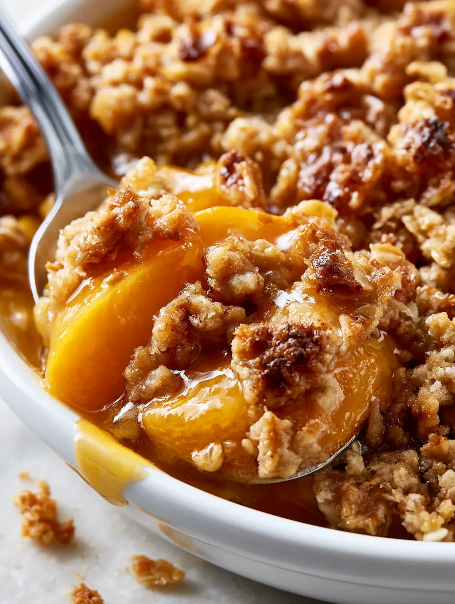Extreme macro close-up of golden brown oatmeal crumble topping on a Peach Cobbler with Oatmeal Crumble.