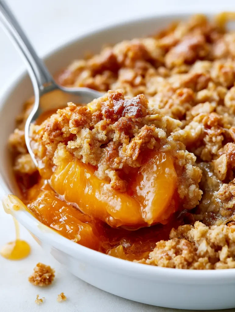 Close-up of bubbling peach syrup and translucent fruit slices in a Peach Cobbler with Oatmeal Crumble.