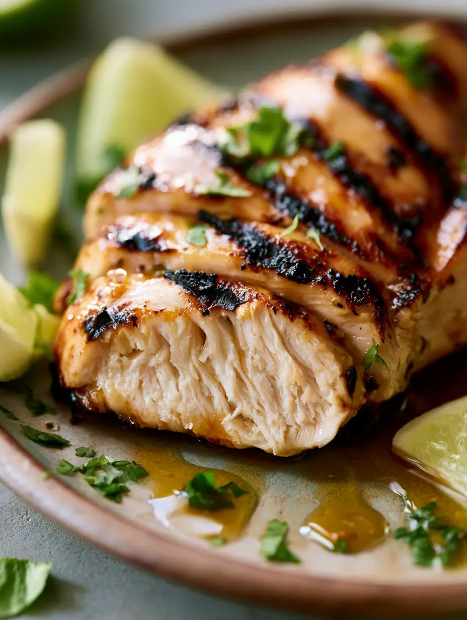 Extreme macro close-up of Key West Grilled Chicken showing the fibrous white meat and glossy oily glaze sheen. (Key West Grilled Chicken)