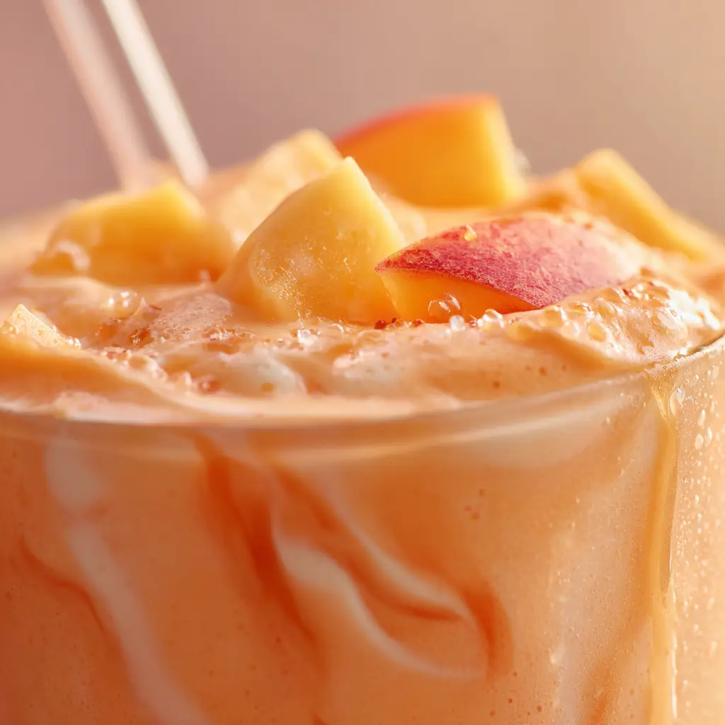 Close-up of a Frozen Peach Smoothie with a messy drip on the rim and scattered peach chunks.