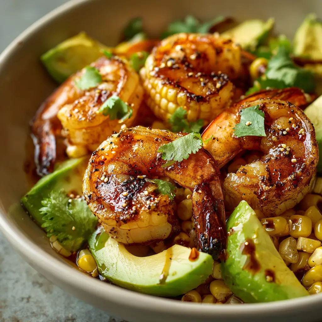 Close-up of charred corn kernels and fresh avocado in a Grilled Shrimp Bowl.