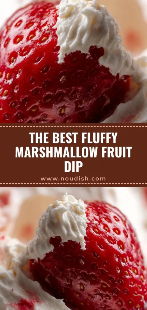 A fresh red strawberry being dipped into a thick, fluffy Marshmallow Cream Cheese Fruit Dip with velvety swirls.