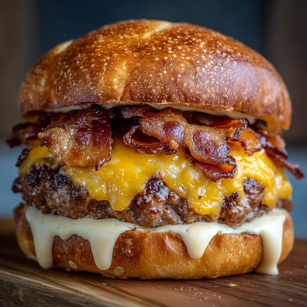 Crack Burgers: The Ultimate Juicy Bacon Cheddar Masterpiece 2 Extreme macro close-up of a Crack Burger showing the fibrous beef patty and glistening fats.