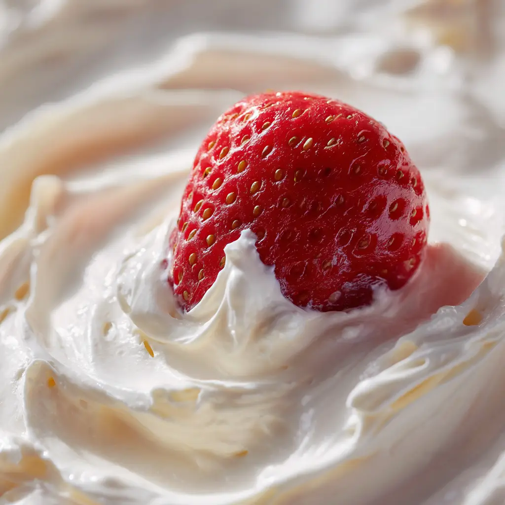 A close up of the velvety and glossy texture of Marshmallow Cream Cheese Fruit Dip with soft irregular swirls.