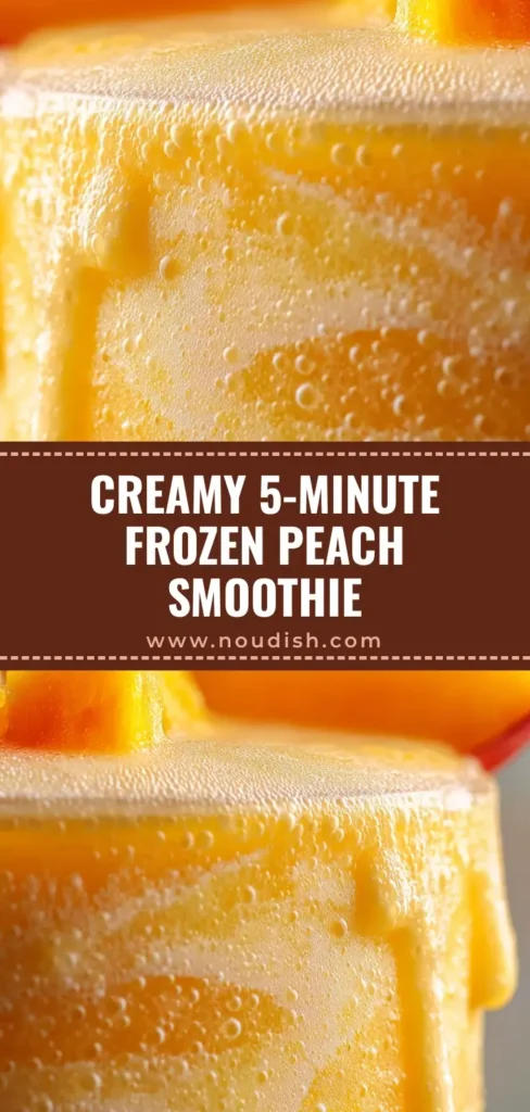 A thick Frozen Peach Smoothie in a macro shot with a glass straw, creamy yogurt swirls, and a fresh peach garnish.
