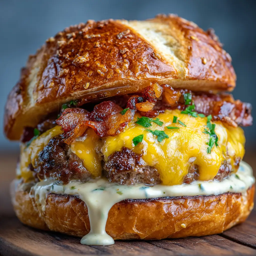 Crack Burgers: The Ultimate Juicy Bacon Cheddar Masterpiece 1 Close-up of blistered cheddar cheese melting over a Crack Burger with crispy bacon visible.