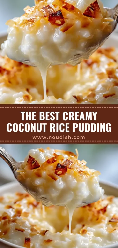 A silver spoon lifting a thick, velvety scoop of coconut rice pudding from a white bowl, showing toasted flakes and a glossy sheen. (Coconut Rice Pudding Recipe)