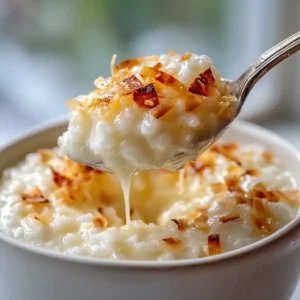 Extreme macro close-up of a silver spoon lifting a generous scoop of creamy rice pudding with coconut oil droplets. (Coconut Rice Pudding Recipe)