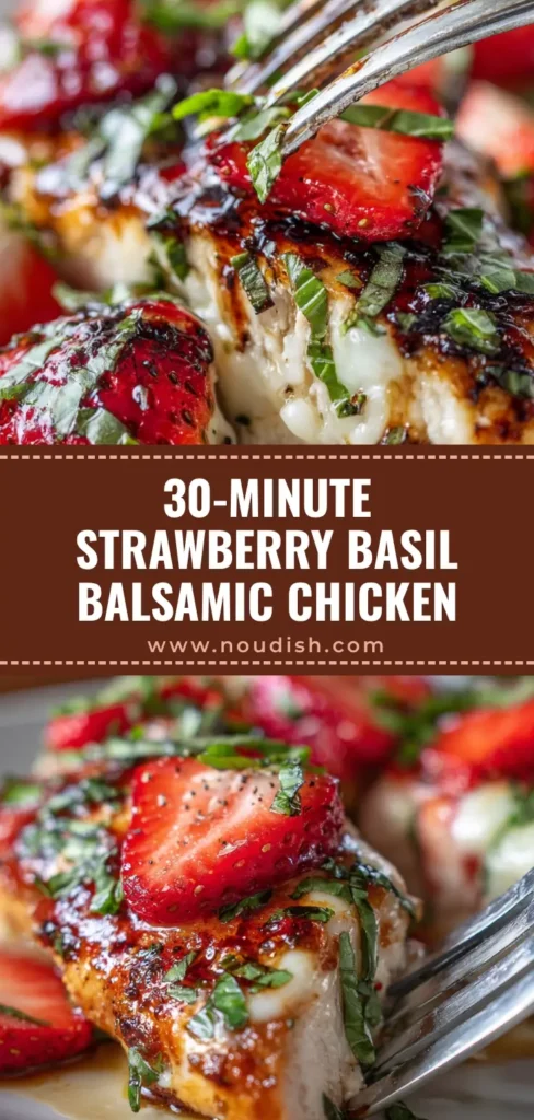 A close-up vertical shot of Strawberry Basil Chicken featuring melted blistered mozzarella, fresh strawberries, and torn basil leaves with a glossy balsamic drizzle.