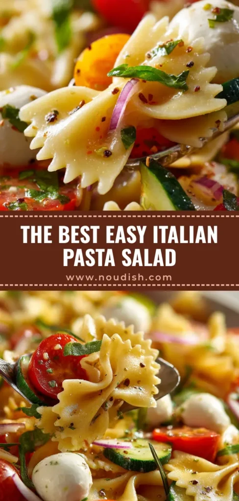 A vibrant Bow Tie Italian Pasta Salad with glossy farfalle, mozzarella pearls, and halved cherry tomatoes in a large bowl. (Bow Tie Italian Pasta Salad)