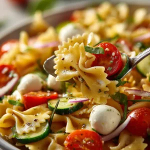 Extreme macro close up of Bow Tie Italian Pasta Salad showing the glossy oily sheen of zesty dressing on farfalle and mozzarella pearls. (Bow Tie Italian Pasta Salad)