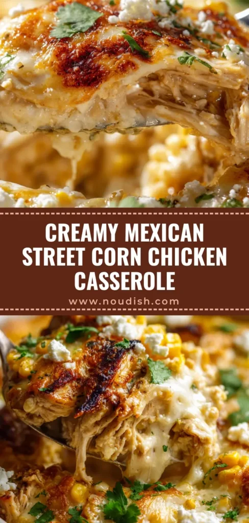 A silver spoon scooping a portion of creamy Street Corn Chicken Casserole with melted cheese and charred corn.