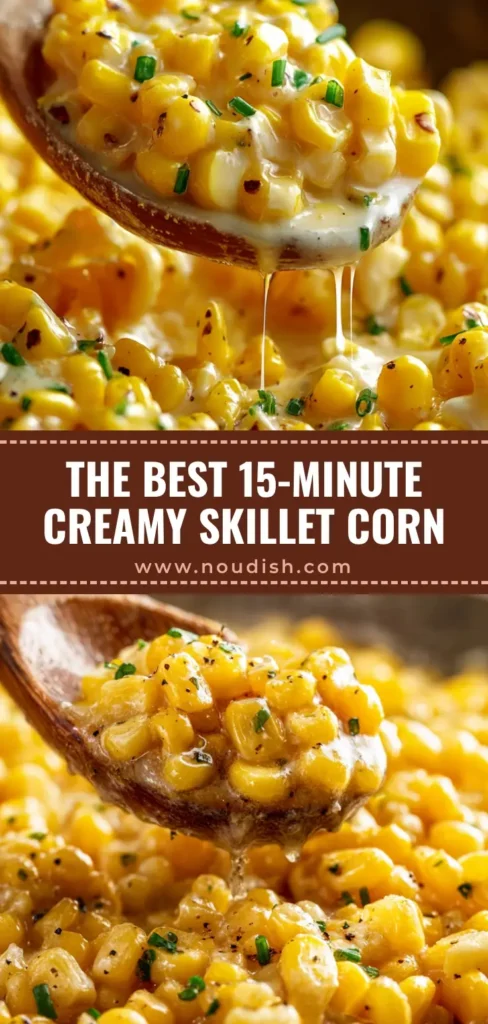 A wooden spoon lifting a scoop of Creamy Honey Butter Skillet Corn with a velvety sauce, honey glaze, and chives in a rustic pan.