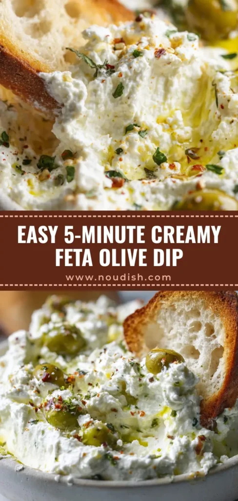 A macro shot of creamy Feta and Green Olive Dip on a toasted pita chip, showing chunks of olives and red peppers in a bright aesthetic.