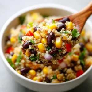Macro close-up of Black Bean and Corn Quinoa Salad showing textures of fluffy white quinoa, yellow corn, and matte black beans.