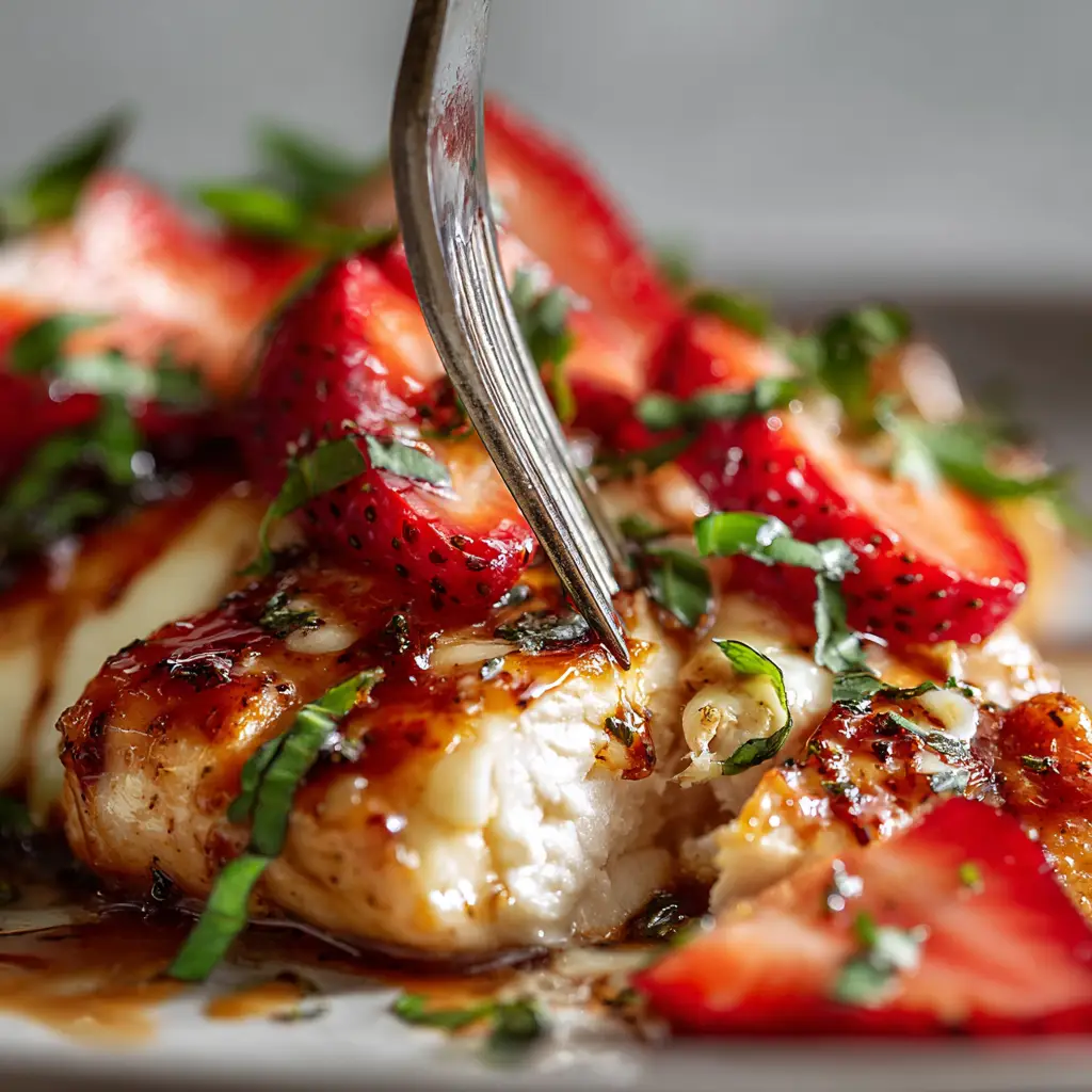 Detailed shot of Strawberry Basil Chicken showing translucent strawberry juice, irregular balsamic drips, and blistered cheese.