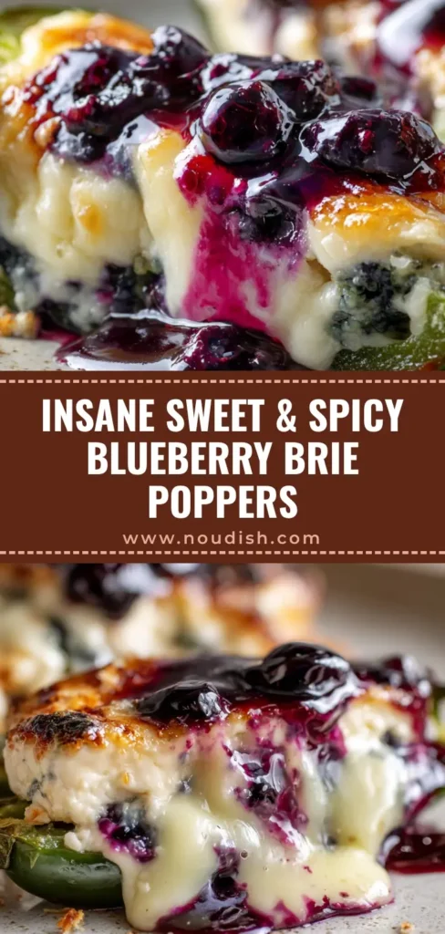 A vertical Pinterest pin showing a single Blueberry Brie Jalapeno Popper with bubbling white cheese and a glossy purple glaze dripping down the side.