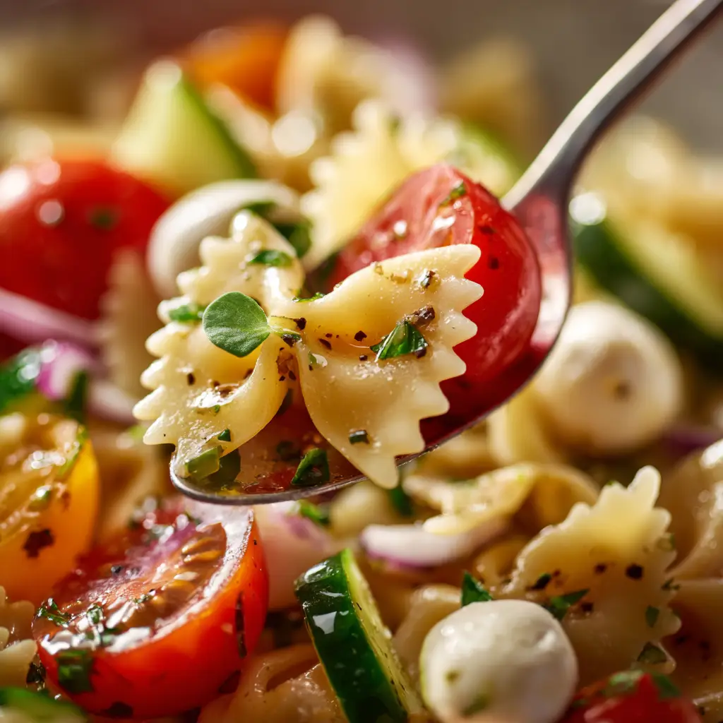 Close up action shot of a silver spoon scooping a single bow tie pasta noodle with herb flecks and translucent dressing. (Bow Tie Italian Pasta Salad)