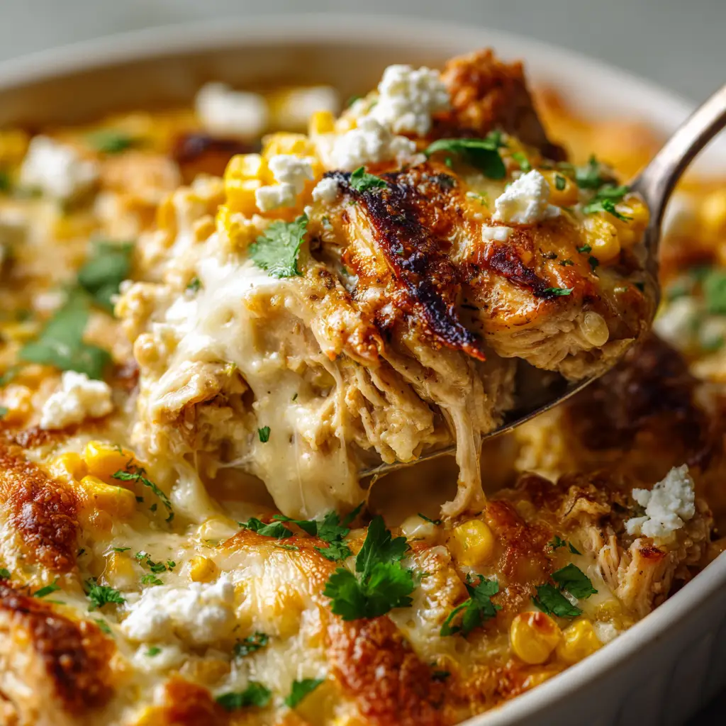 Extreme macro close-up of Street Corn Chicken Casserole showing blistered Monterey Jack cheese and charred corn kernels.