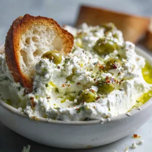 Extreme macro close up of whipped Feta and Green Olive Dip with a glistening olive oil sheen and visible briny olive bits.
