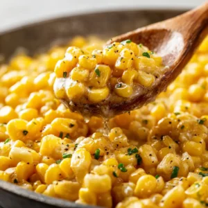 Extreme macro close-up of Creamy Honey Butter Skillet Corn showing glossy oily sheen and cracked black pepper.