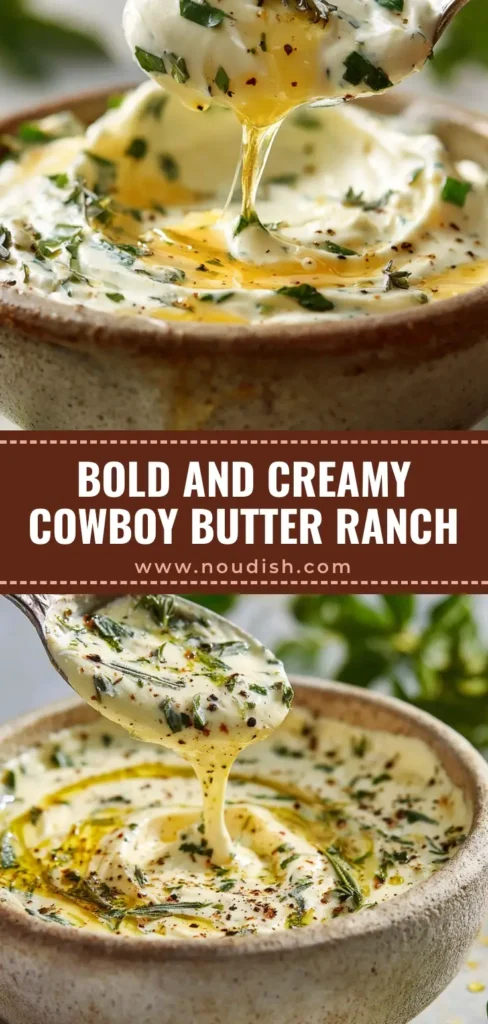 Cowboy Butter Ranch Dressing: The Ultimate Bold and Creamy Hybrid Sauce 4 A thick scoop of Cowboy Butter Ranch Dressing being lifted by a silver spoon from a rustic stone bowl, showing golden butter swirls and green herb specks.