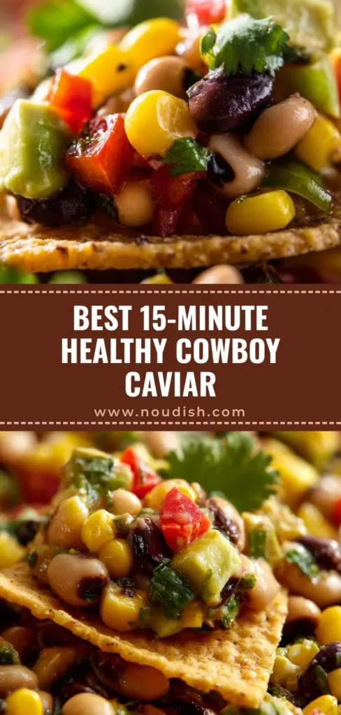 A single crunchy tortilla chip holding a vibrant scoop of Cowboy Caviar Recipe with black beans, corn, and avocado. (Cowboy Caviar Recipe)